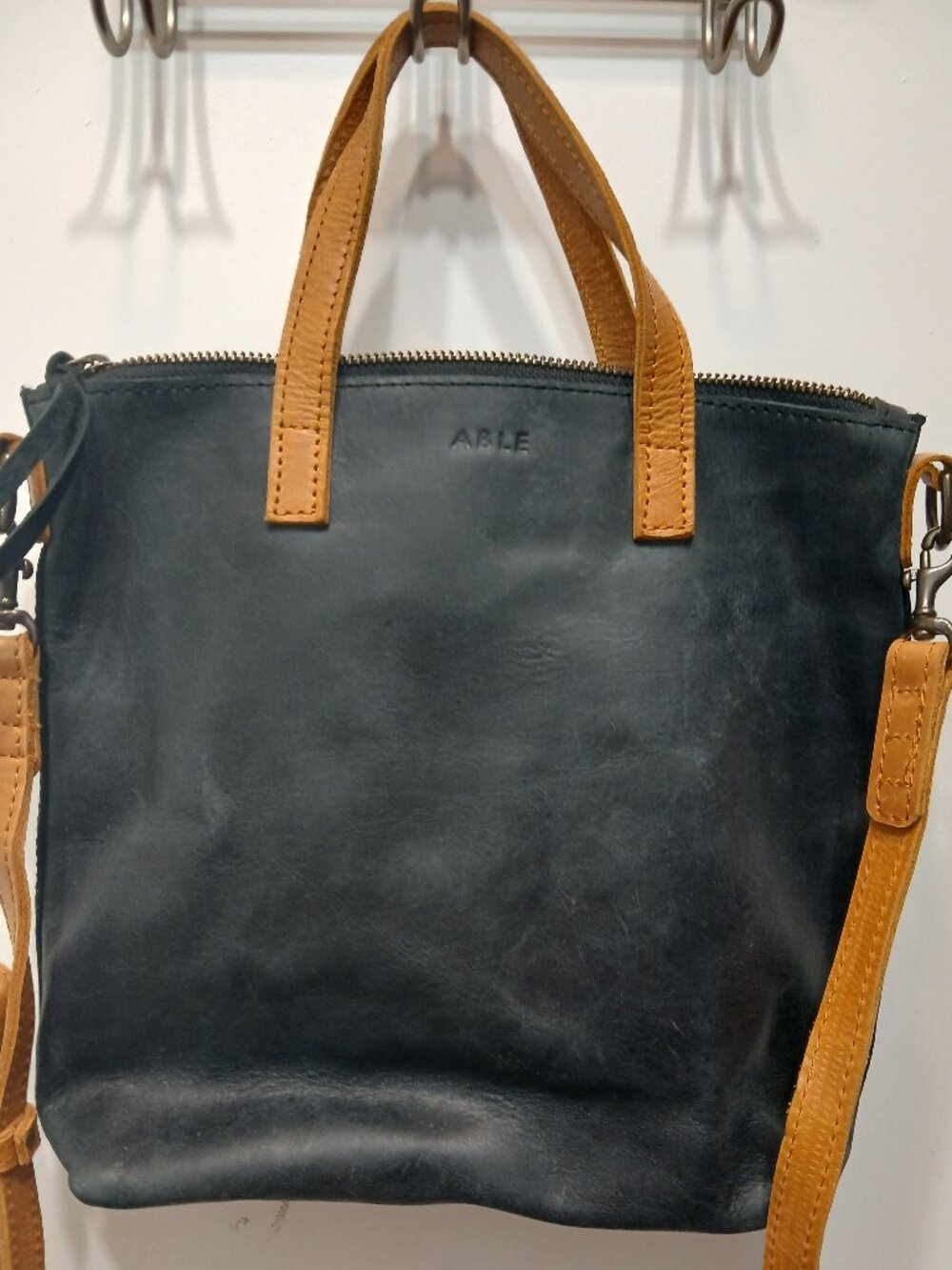 Able Black Leather Tote with Tan Straps